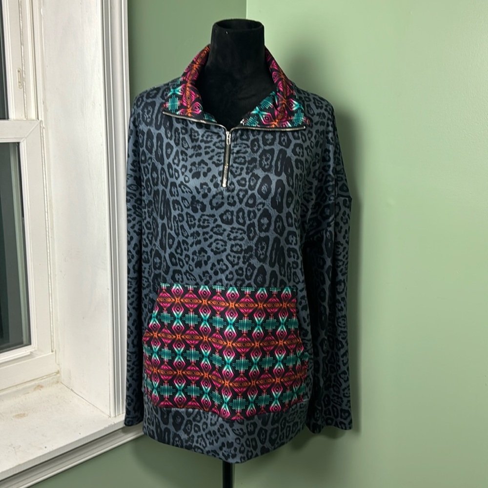 NWT crazy train gray leopard 1/4 zip pull over 3X